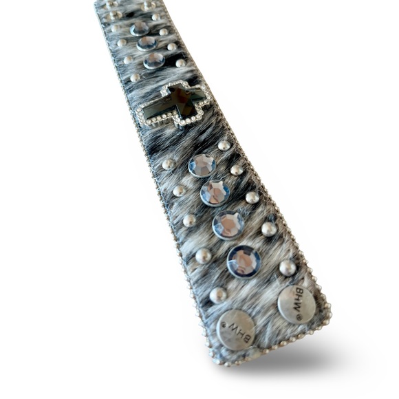 Hair On Cowhide Salt n Pepper Black Cross & Silver Crystal Studded Cuff Bracelet - Picture 7 of 8